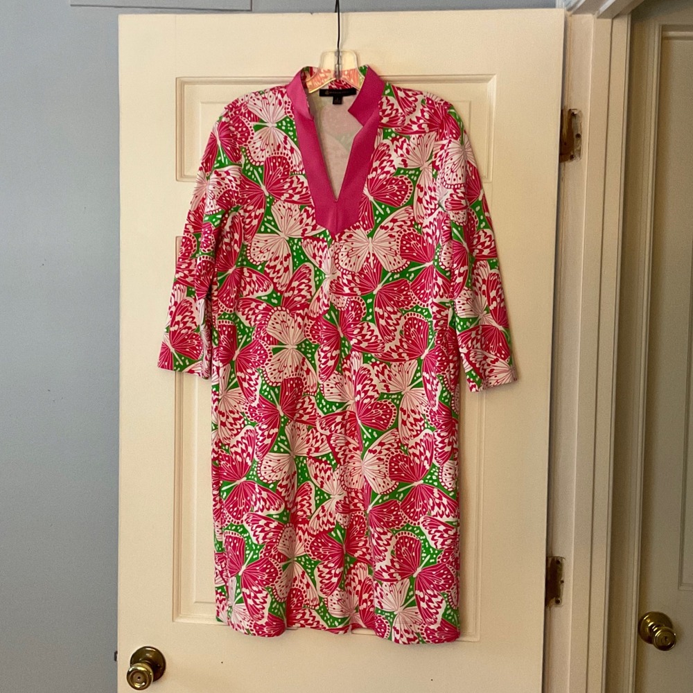 Brooks Brothers Pink Green Butterfly Print Ponte Mock Neck Shift Dress small